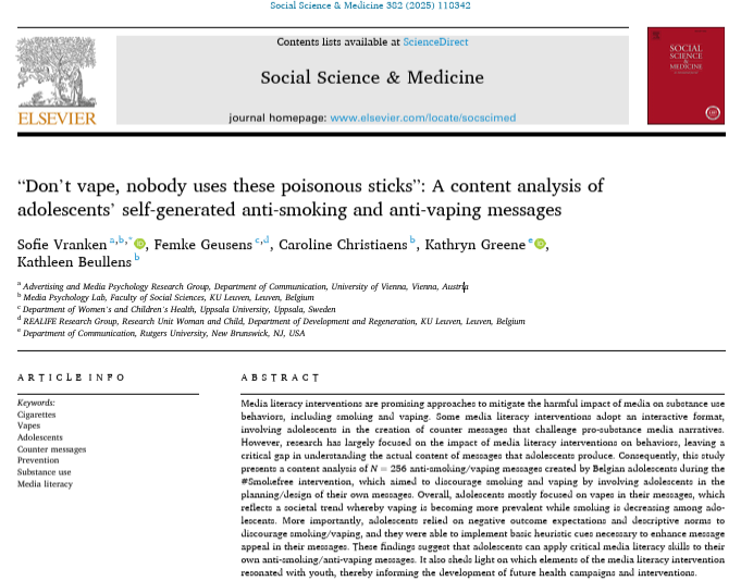 Advertising & Media Psychology (U of Vienna) (@adme_univie) on Twitter photo 📢 Publication 📢
<a href="/SofieVranken_/">Sofie_Vranken</a> et al. content-analyzed #smokefree intervention messages by 🇧🇪 adolescents, finding a focus on vaping, reliance on negative outcome expectations & descriptive norms, & use of basic heuristic cues for message appeal.
👉🏼 doi.org/10.1016/j.socs… 📢 Publication 📢
<a href="/SofieVranken_/">Sofie_Vranken</a> et al. content-analyzed #smokefree intervention messages by 🇧🇪 adolescents, finding a focus on vaping, reliance on negative outcome expectations & descriptive norms, & use of basic heuristic cues for message appeal.
👉🏼 doi.org/10.1016/j.socs…