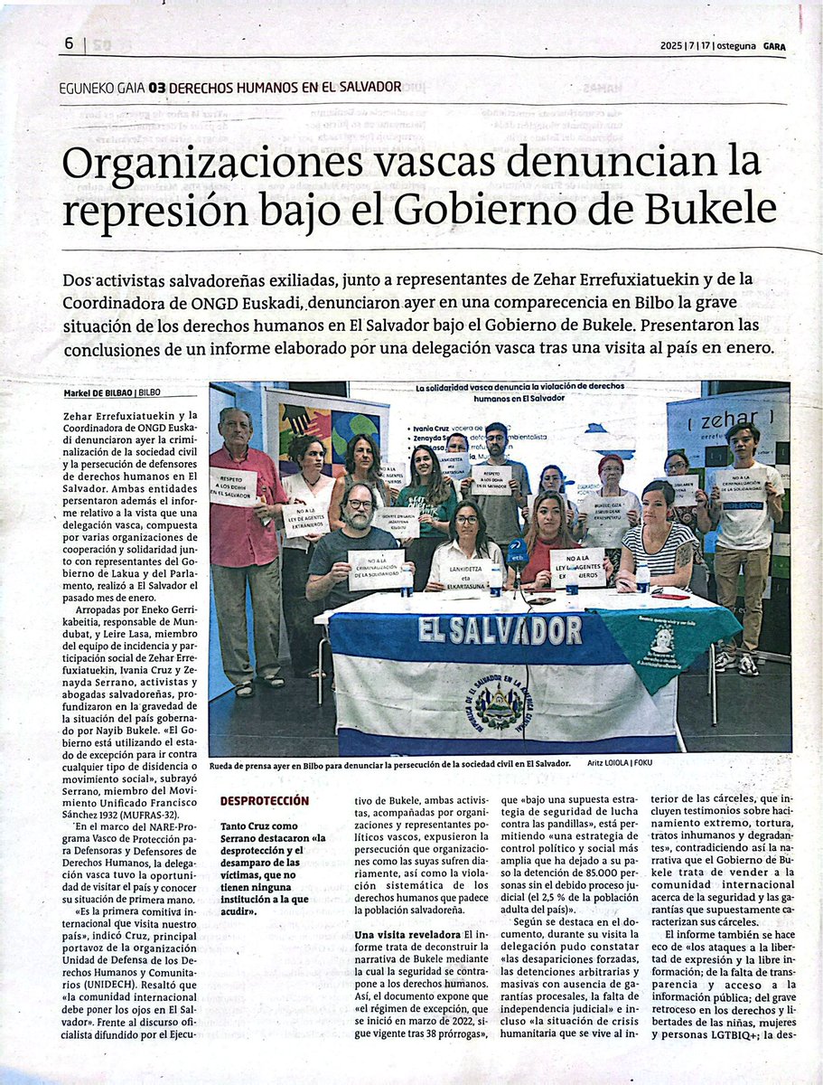 Ramiro Navas - #NoALaMinería 🇸🇻 (@ramironavas_) on Twitter photo 📰📢 | Hoy se publica en la prensa del País Vasco la denuncia de <a href="/ONGDeuskadi/">Coordinadora de ONGD de Euskadi</a> y otras entidades de solidaridad humanitaria, contra la escalada represiva del bukelismo.
"La comunidad internacional debe poner los ojos en El Salvador", dijo <a href="/IvaniaCruz15/">Ivania Cruz</a> de <a href="/Unidehc/">UNIDEHC EL SALVADOR</a>. 📰📢 | Hoy se publica en la prensa del País Vasco la denuncia de <a href="/ONGDeuskadi/">Coordinadora de ONGD de Euskadi</a> y otras entidades de solidaridad humanitaria, contra la escalada represiva del bukelismo.
"La comunidad internacional debe poner los ojos en El Salvador", dijo <a href="/IvaniaCruz15/">Ivania Cruz</a> de <a href="/Unidehc/">UNIDEHC EL SALVADOR</a>.