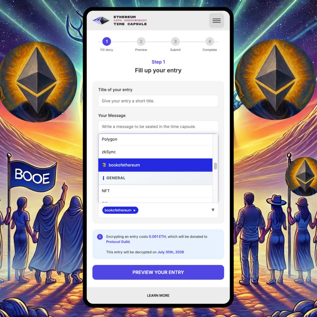 New community tag added: #bookofethereum

The <a href="/Bookof_Eth/">The Book of Ethereum 📘</a> community can now encrypt their visions, memories &amp; messages into the Ethereum Time Capsule…tagged &amp; preserved forever under the name of the Book.

Time capsule close 30 July. Submit now.
ethtimecapsule.com