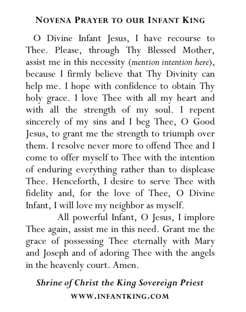 ICKSP's tweet image. Infant King Novena, July 17 - July 25
Submit your intentions: infantkingoffering.org/infantking/
Monthly Meditation:
In this month of July dedicated to the Precious Blood, let us call to mind that the very reason the Christ Child has come to us is so that He can shed His Blood and die to…
