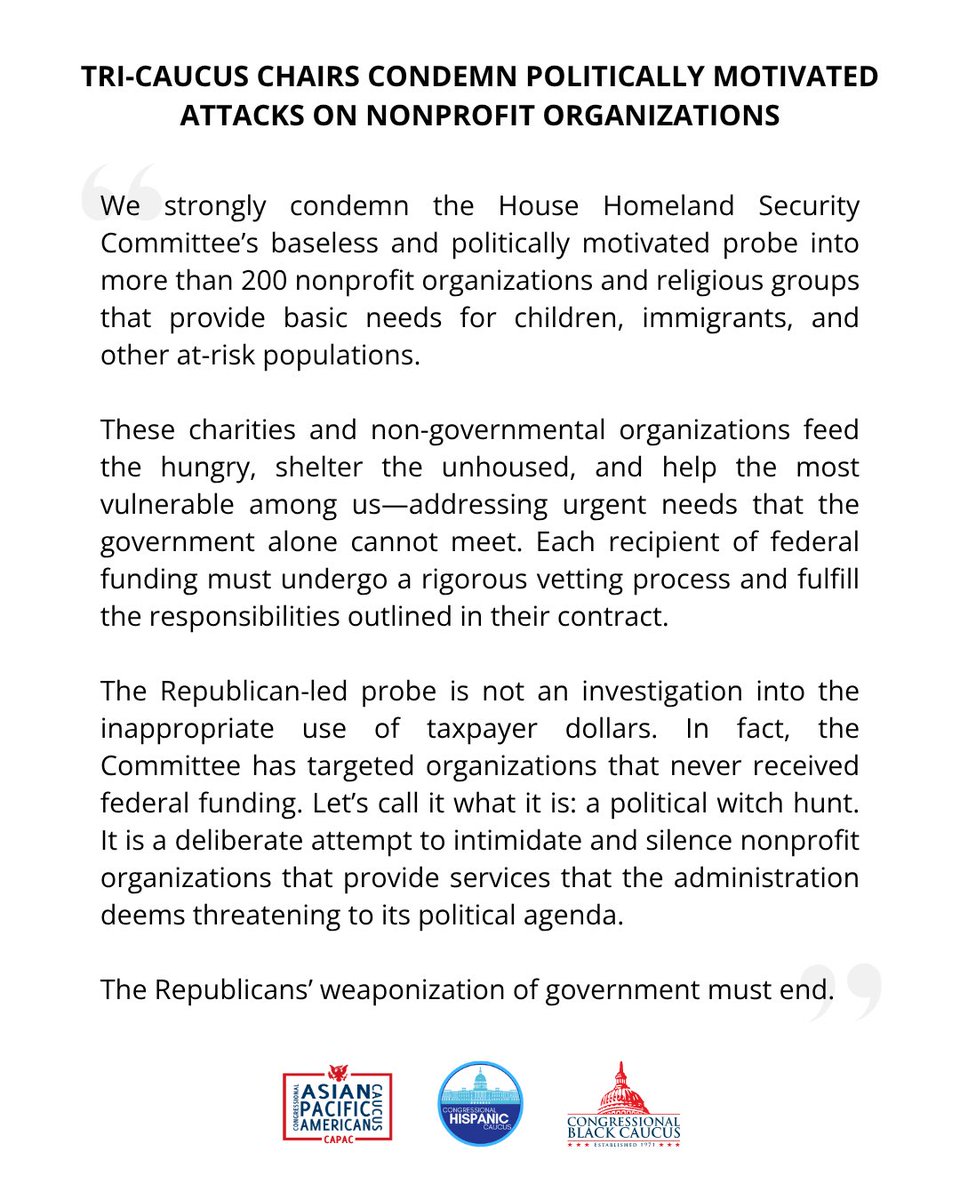 CAPAC's tweet image. Joint statement from CAPAC, CHC, and CBC condemning politically motivated attacks on nonprofit organizations: