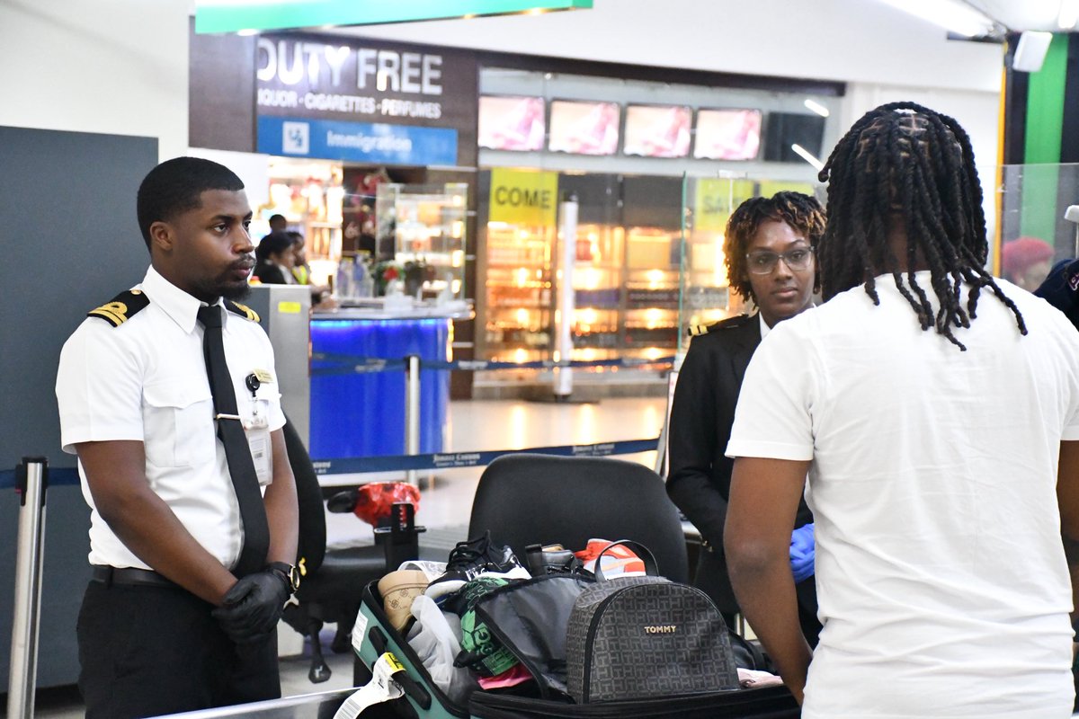 Customs Officers conduct luggage inspection at Norman Manley International Airport, helping to prevent the illegal entry of drugs, narcotics, and other prohibited items. These efforts are vital to protecting the health and safety of our nation.