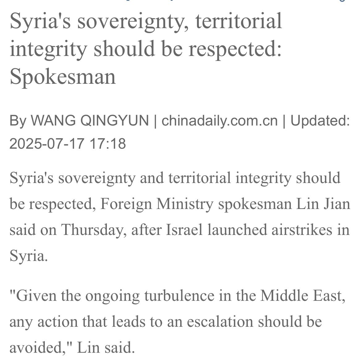chinainmena's tweet image. China’s Foreign Ministry spokesman Lin Jian on Syria.