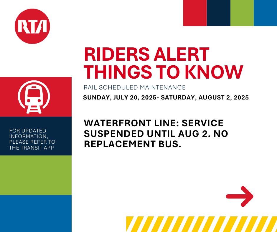GCRTA's tweet image. π§ RAIL ALERT (July 20βAug 2)
π΄π΅π’ Red, Blue & Green (E of Tower City): No service β use 66R/67R buses
π Waterfront Line: No service, no bus replacement
βοΈ Red Line (Tower CityβAirport): Runs via Track 10
βΉοΈ Details: riderta.com/riders-alerts/β¦