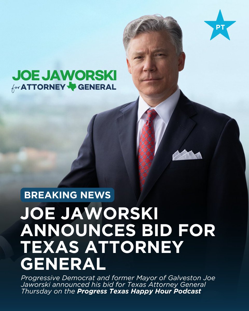 Progress Texas (@progresstx) on Twitter photo Former Galveston mayor and Houston-area attorney Joe Jaworski has launched a campaign for Texas Attorney General. Full interview with PT Podcasting Director Chris Mosser here: podcasts.apple.com/us/podcast/hap⦠<a href="/JaworskiForTX/">Joe Jaworski</a> Former Galveston mayor and Houston-area attorney Joe Jaworski has launched a campaign for Texas Attorney General. Full interview with PT Podcasting Director Chris Mosser here: podcasts.apple.com/us/podcast/hap⦠<a href="/JaworskiForTX/">Joe Jaworski</a>