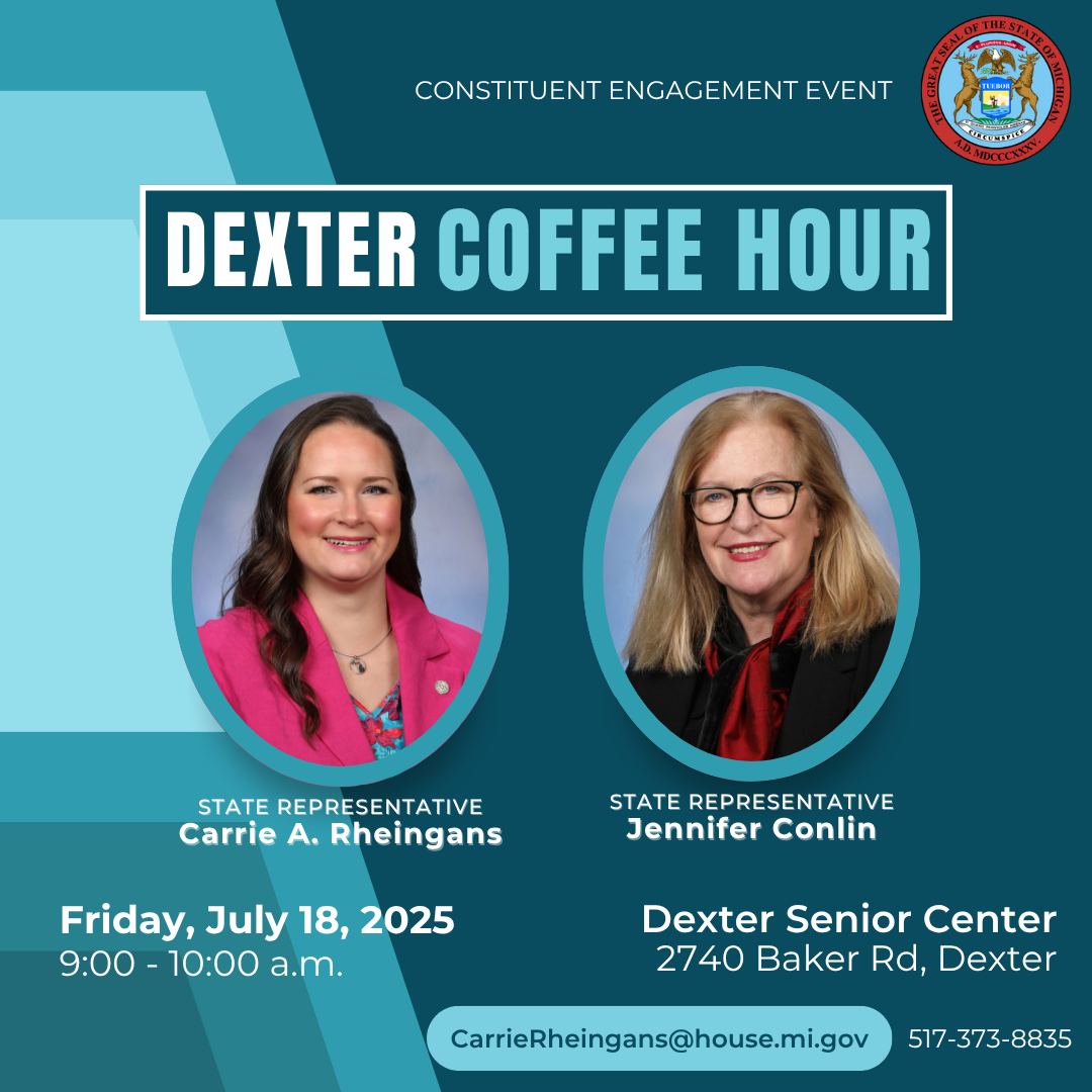 ☕ I’m joining Rep. Rheingans this Friday in Dexter for a coffee hour! Stop by to hear updates from Lansing and share what’s on your mind. Coffee will be provided.

📅 July 18 | 🕘 9–10 AM
📍 Dexter Senior Center, 2740 Baker Rd
Hope to see you there!
