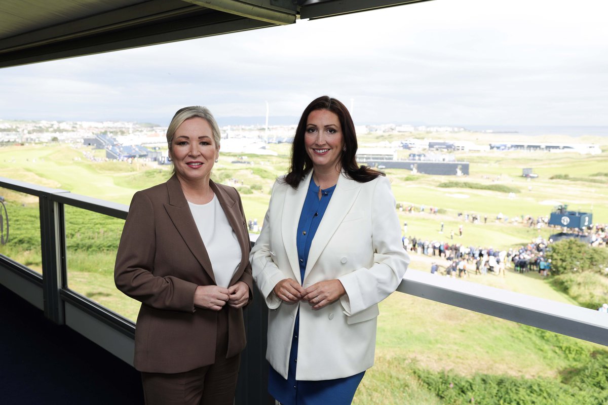 niexecutive's tweet image. First Minister Michelle O’Neill and deputy First Minister Emma Little-Pengelly have welcomed @TheOpen back to our magnificent north coast.
Hosting a breakfast event at Royal Portrush Golf Club on the first day of the 153rd Open Championship, the Ministers spoke about the huge…