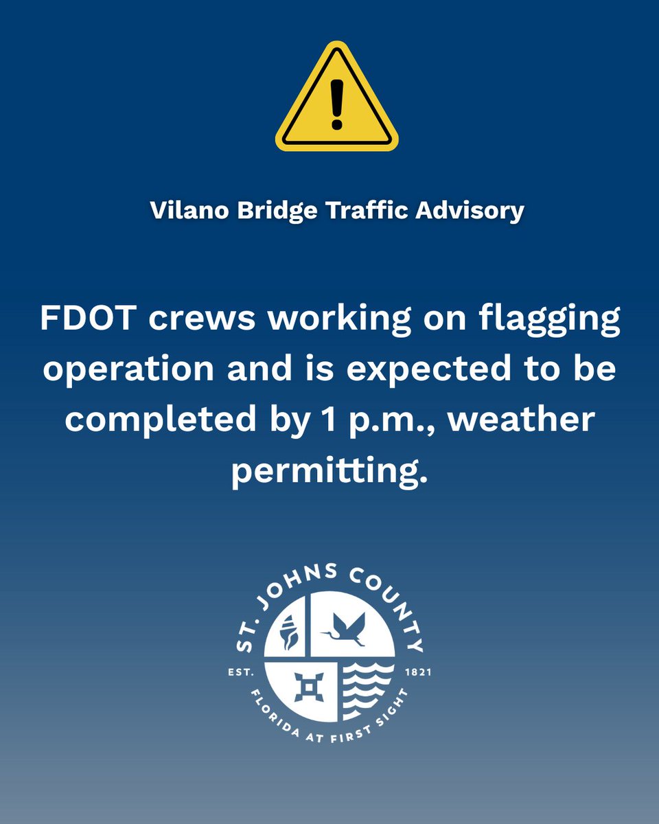 FDOT officials said a flagging operation is underway on State Road A1A across the Vilano Bridge over the Tolomato River as part of an immediate street lighting repair effort. Crews are expected to be completed by 1 p.m., weather permitting.