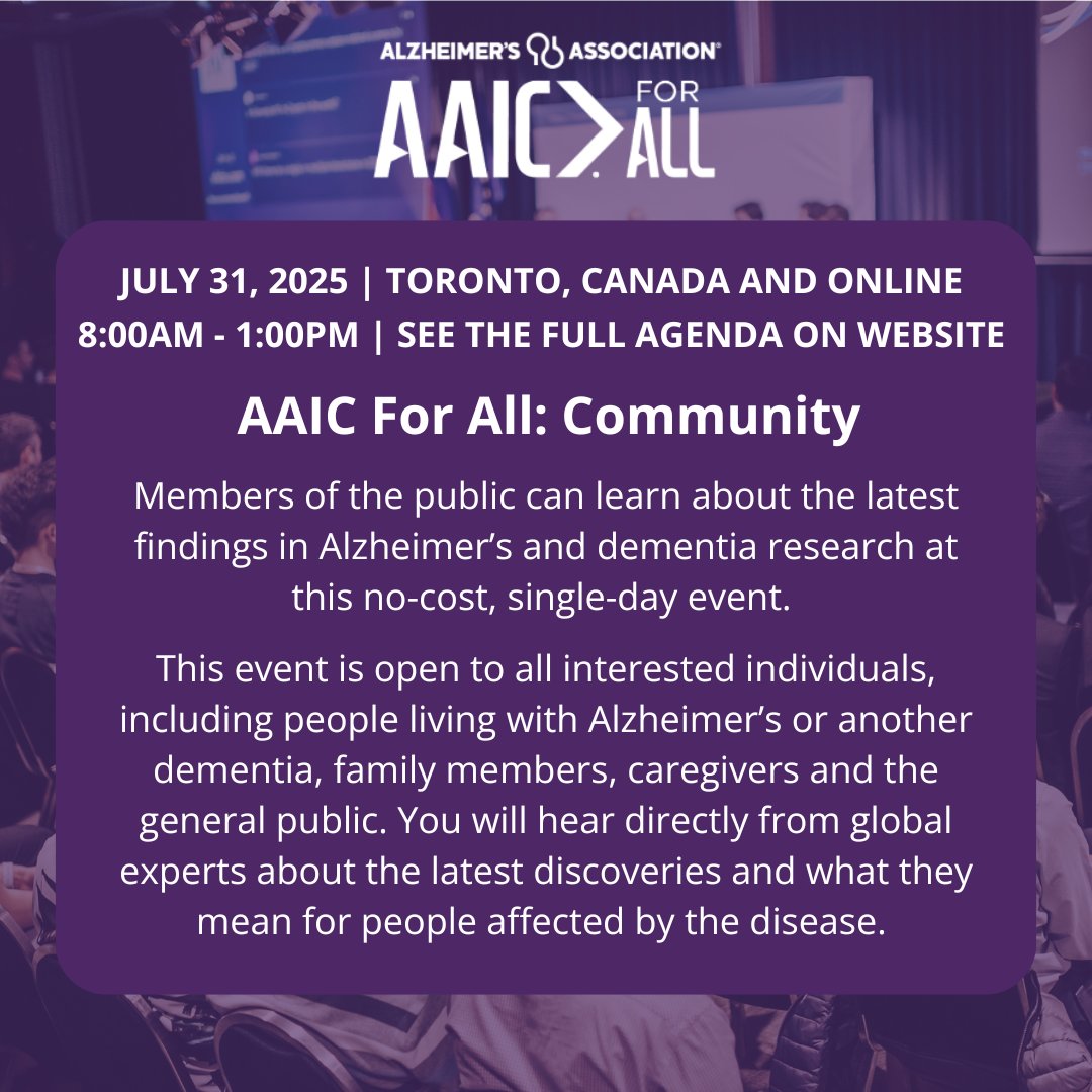 Join us for AAIC for All, a free virtual event open to the public, focused on the latest in Alzheimer’s and dementia research and how it connects to healthy aging. The event takes place July 31, 2025, and is free to attend online. 

Register: alz.org/aaic-for-all/o…