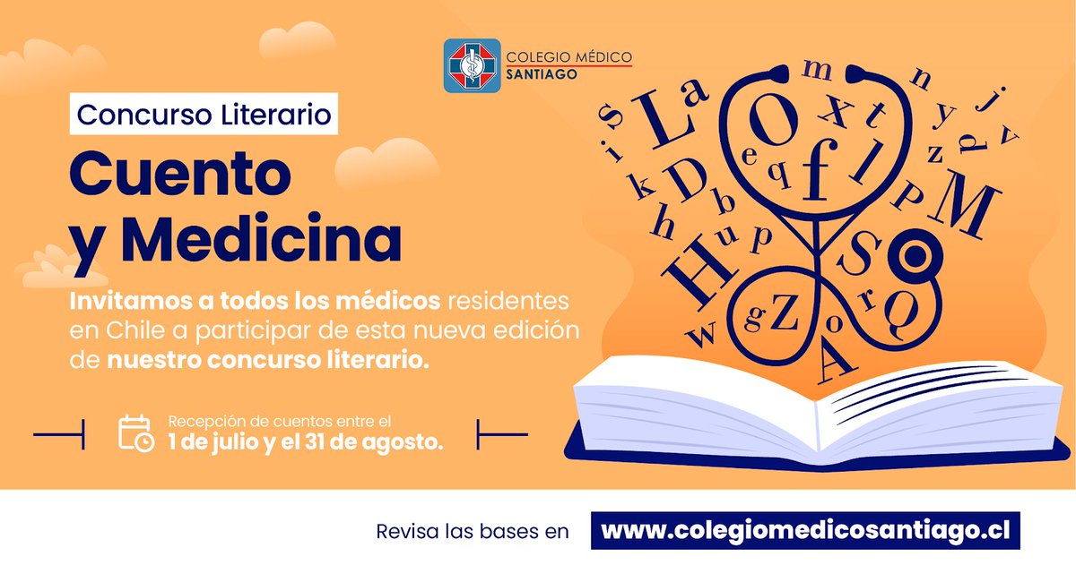 📚📚Recuerda hasta el 31 de agosto puedes participar en nuestro Concurso Literario "Cuento y Medicina". 

🥼✍️Una invitación abierta a todos los médicos residentes en nuestro país. 

👉Bases e inscripciones aquí regionalsantiago.cl/concurso-liter…