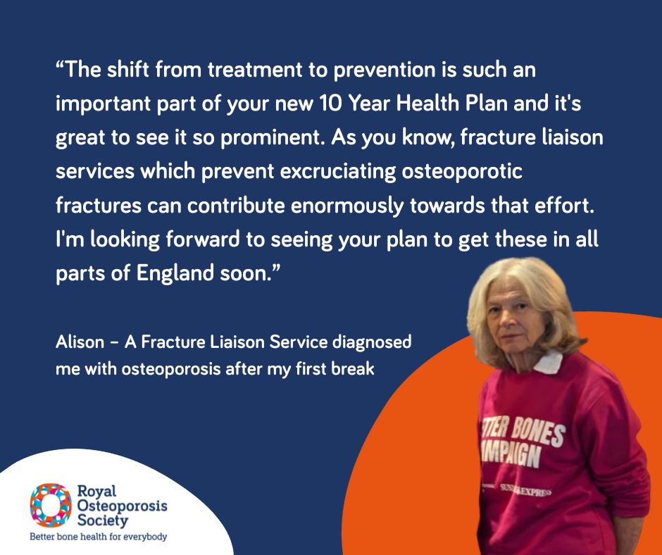 RoyalOsteoSoc's tweet image. Hi @WesStreeting – Alison was delighted to see prevention at the heart of your 10-Year Plan, and hopes you’ll #PublishTheBonePlan soon, please – so we can start preventing fractures. @DHSCgovuk