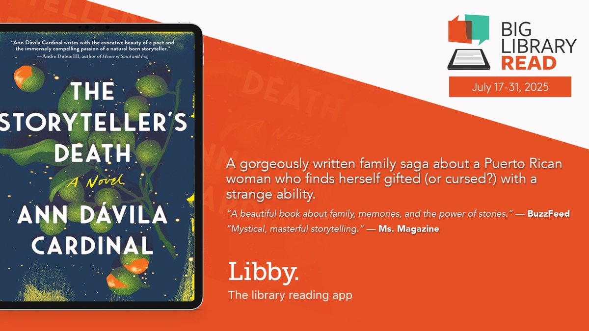 Calcasieu Parish Public Library (@cppllibrary) on Twitter photo #BigLibraryRead, a digital book club connecting readers to the same ebook & audiobook with no waitlists or holds until July 31st! The featured title is 'The Storyteller's Death' by Ann Dávila Cardinal.
Borrow the featured title and join the discussion: link.overdrive.com/biglibraryread… #BigLibraryRead, a digital book club connecting readers to the same ebook & audiobook with no waitlists or holds until July 31st! The featured title is 'The Storyteller's Death' by Ann Dávila Cardinal.
Borrow the featured title and join the discussion: link.overdrive.com/biglibraryread…