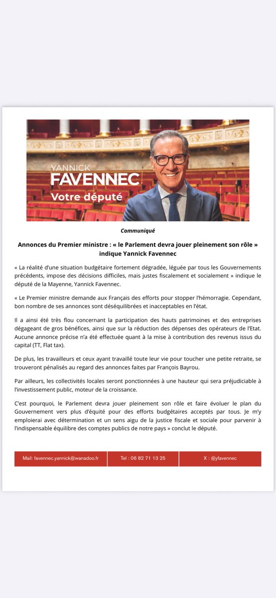 yfavennec's tweet image. Ma réaction aux annonces du Premier ministre ⁦@bayrou⁩ :