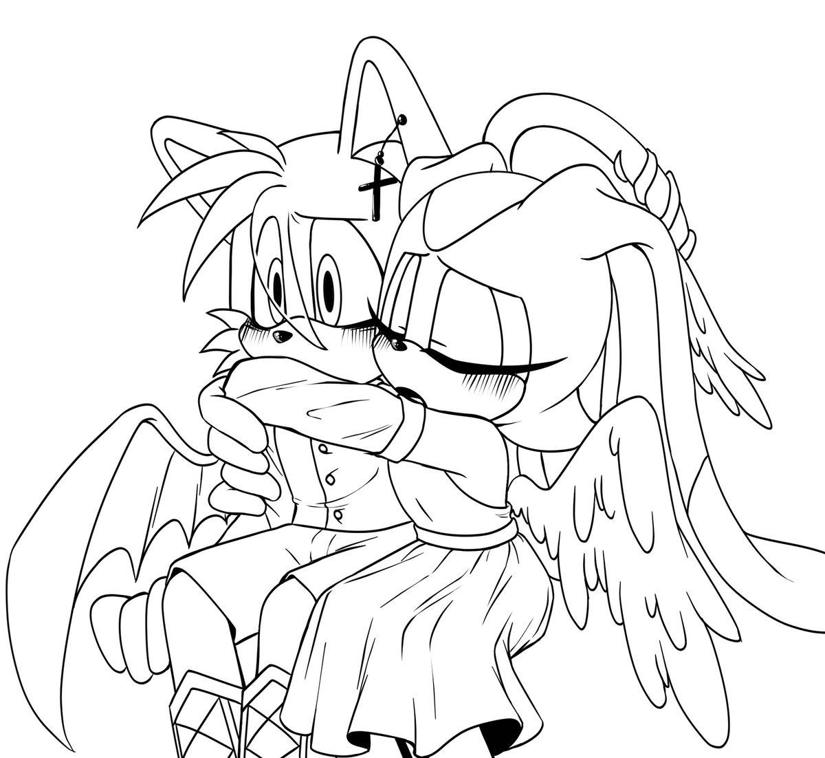 _Ra_Fox_'s tweet image. ugh I hate line art..🫠 but, still a WIP

#Taiream #TailsxCream #DevilTailsxAngelCreamAU