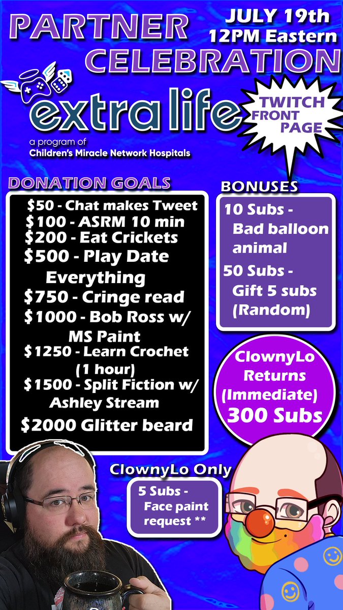 WillyLo's tweet image. This Saturday, we are celebrating the channel hitting partner with a charity stream through @ExtraLife4Kids!
Help spread awareness and rally those to the cause in support of the Children's Health Foundation!
extra-life.org/participants/5…
Come hang out and let's change some lives!