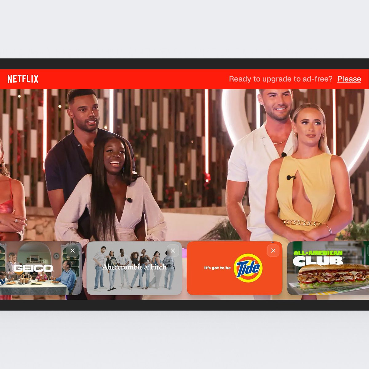 soren_iverson's tweet image. Netflix free plan with ads overlaid on top of content