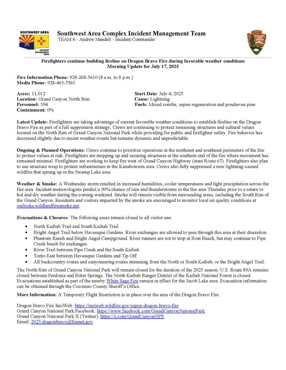 GrandCanyonNPS's tweet image. #DragonBravoFire Update - Acres: 11,012; Containment: 0%; Personnel: 529. Firefighters establish fireline for full suppression strategy. Crews continue to protect remaining structures and cultural values while providing for public and firefighter safety. Fire behavior has…