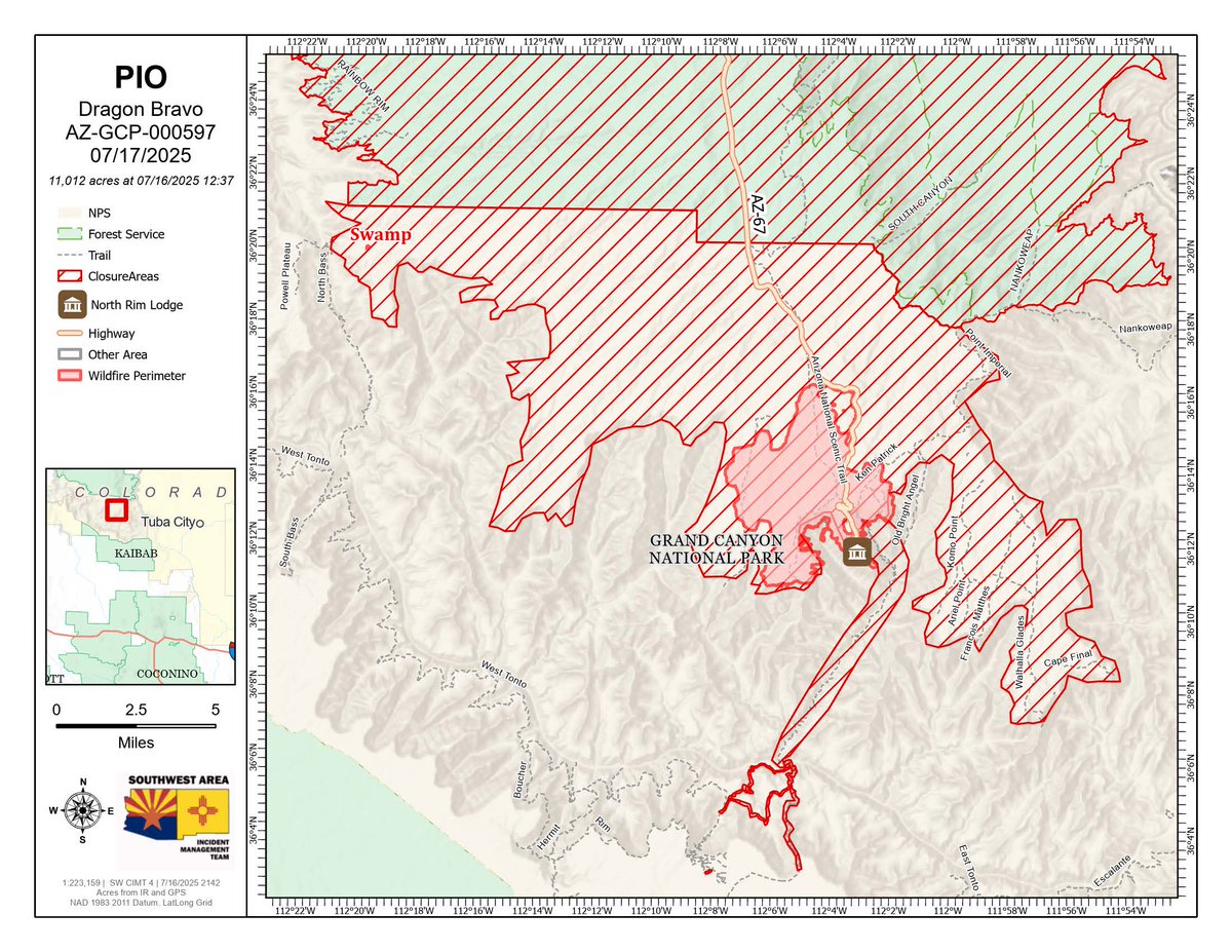 GrandCanyonNPS's tweet image. #DragonBravoFire Update - Acres: 11,012; Containment: 0%; Personnel: 529. Firefighters establish fireline for full suppression strategy. Crews continue to protect remaining structures and cultural values while providing for public and firefighter safety. Fire behavior has…