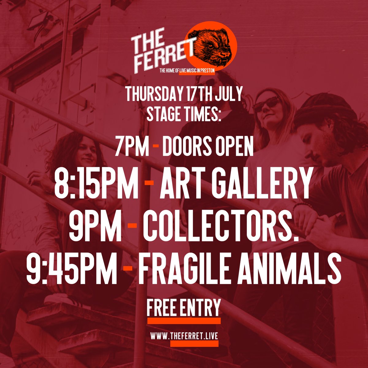 FerretPreston's tweet image. Tonight! Thursday! Great bands! Free entry!
7pm doors
8:15pm Art Gallery
9pm Collectors.
9:45pm Fragile Animals