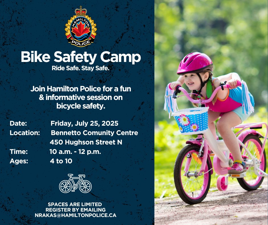 HamiltonPolice's tweet image. 🚲 Bike Safety Camp!

Join us Friday, July 25 at Bennetto Community Centre for a fun and interactive Bike Safety Camp with Hamilton Police!
Ages 4–10 | ⏰ 10 a.m. – 12 p.m.
📧 Register now: nrakas@hamiltonpolice.ca
Spaces are limited – don’t miss out!

#bikesafety #hamiltonpolice