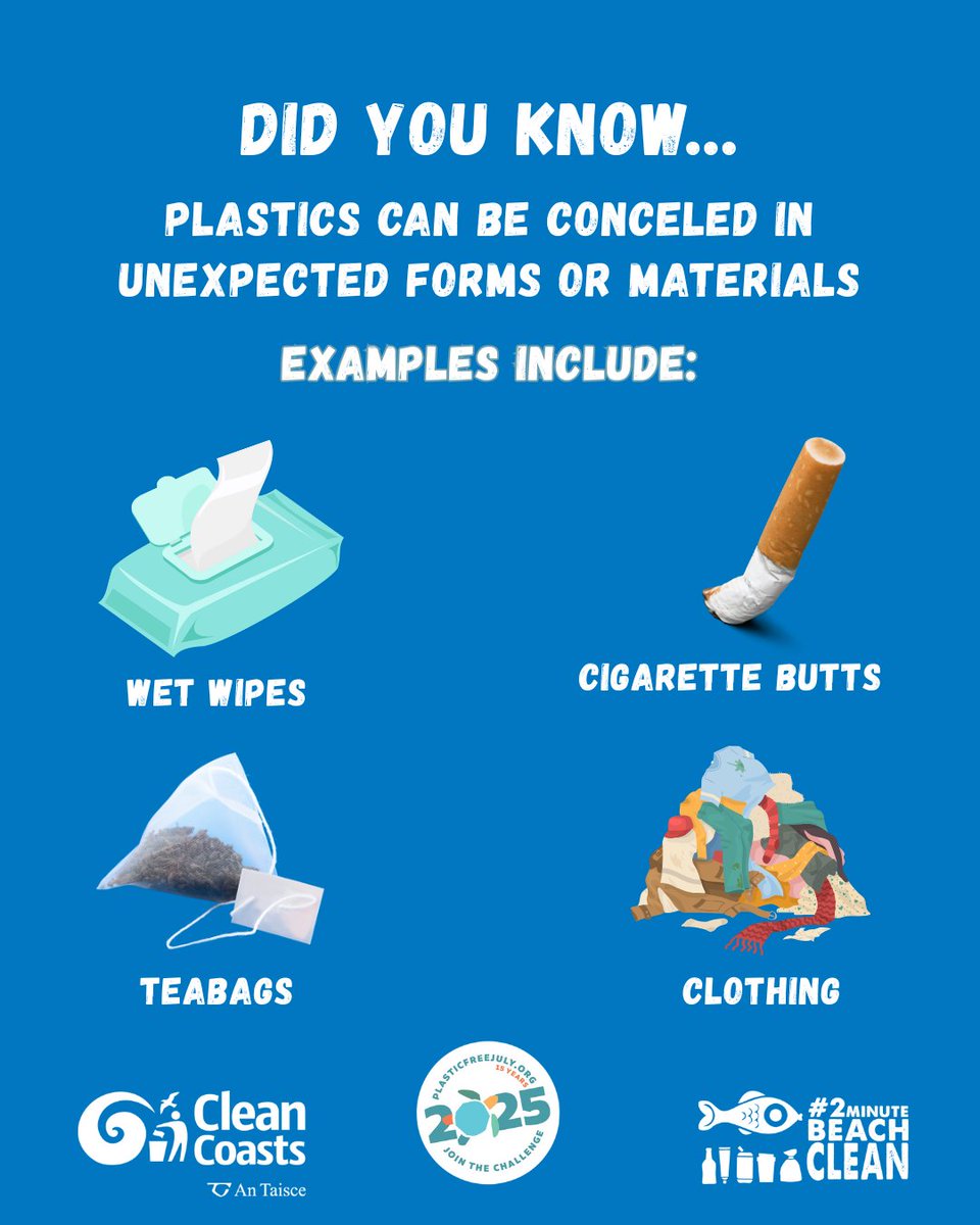CleanCoasts's tweet image. ๐Not all plastic looks like plastic! It's found in items such as wet wipes, teabags, clothes and even cigarette butts!๐
Plastic pollution isn't always obvious - but it's everywhere! Take 2 minutes and choose to refuse single use plastic!๐ #CleanCoasts #2MinuteBeachClean