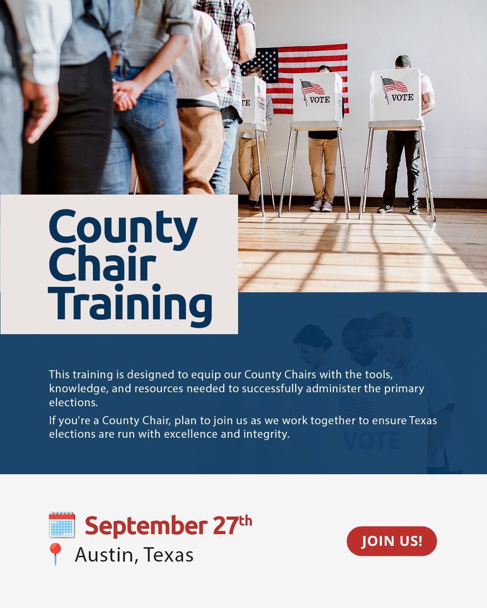 TexasGOP's tweet image. 📅 Save the Date: County Chair Training
🗓 September 27th
📍 Austin, Texas
The Republican Party of Texas will host County Chair Training on September 27th in Austin, the day after the SOS Biennial Election Law Training for County Chairs.
This training is designed to equip our…