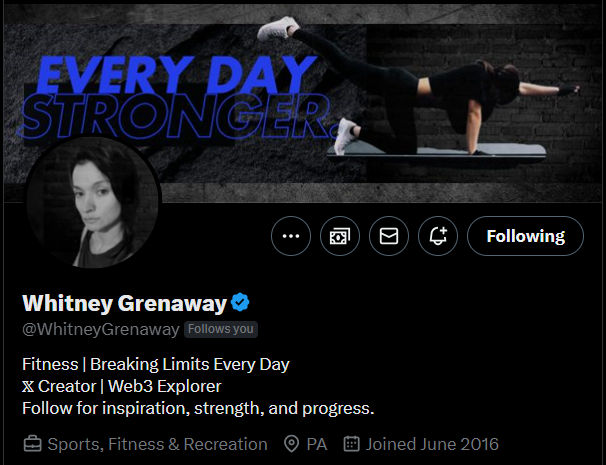 monetization_x's tweet image. Today, I'd like to highlight another awesome X creator: Whitney Grenaway (@WhitneyGrenaway).
Whitney channels her passion into fitness and personal growth, offering motivational insights on strength training, wellness routines, and pushing boundaries.
For those looking for…