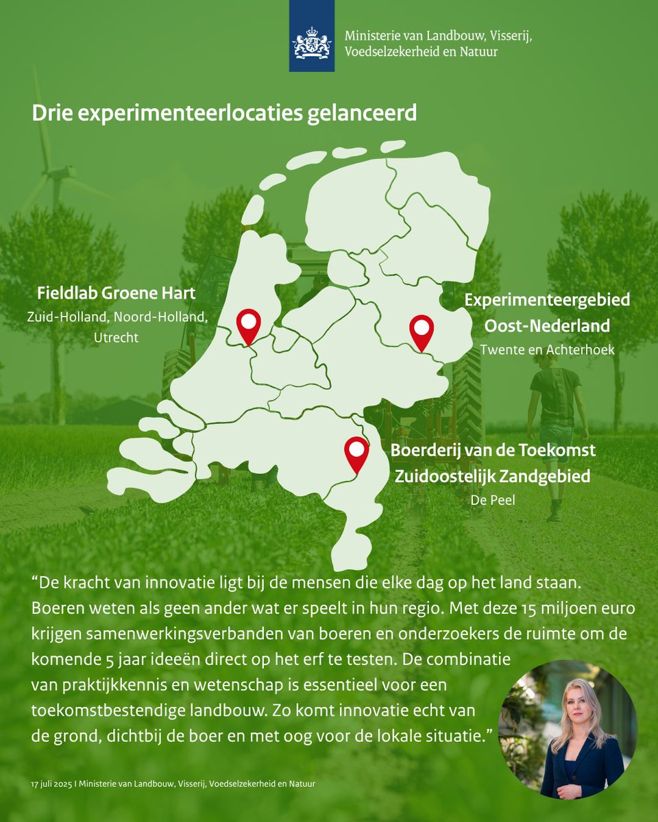 De kracht van innovatie ligt bij de boer. Vandaag starten drie experimenteerlocaties waar boeren en onderzoekers samen nieuwe oplossingen testen. Met €15 miljoen geven we ruimte aan ideeën van het erf. Zo bouwen we aan een toekomstbestendige landbouw. rijksoverheid.nl/ministeries/mi…