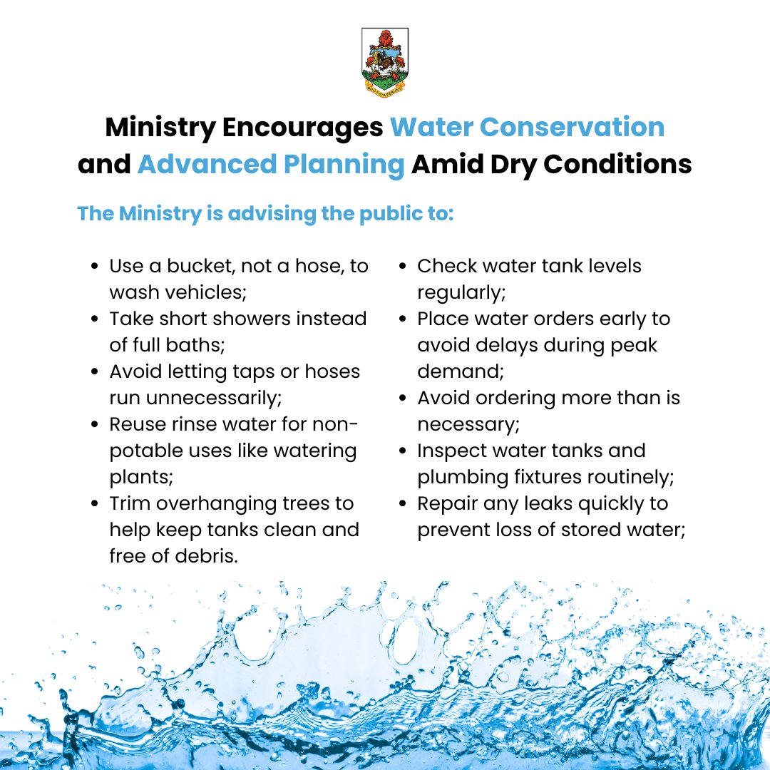BdaGovernment's tweet image. As Bermuda experiences a prolonged dry spell, the Ministry of Public Works and Environment is encouraging residents to plan ahead and conserve water.
Minister Jache Adams reminds the public that now is the time to check household water levels and make smart choices to avoid…