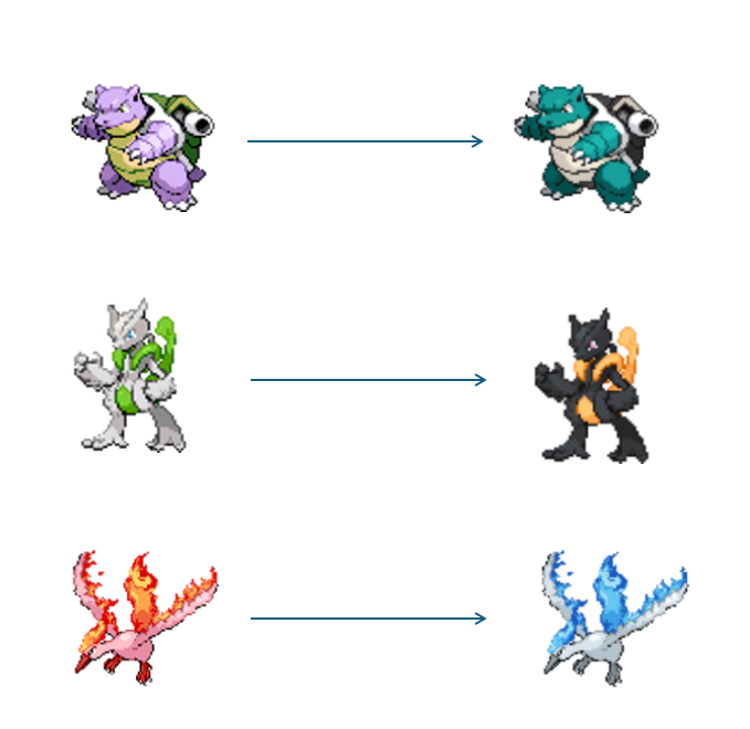acejake28's tweet photo. For the past 2 weeks, I started my project to recolour EVERY fully evolved pokemons shiny and code a style for Showdown to replace the Pokemon Sprites with my new recolours. Today, I have completed every single gen 1 pokemon (including regionals, megas, evos from later gens) !!!! https://t.co/ZWnwzZKIFo