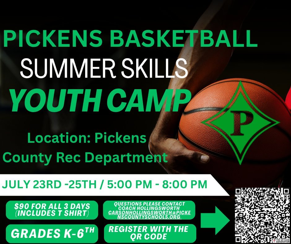 Pickens Basketball (@pickensbball) on Twitter photo ‼️Camp Spots Still Available‼️
Deadline Monday!
Registration Link: forms.gle/W4A5zpDqwGLHjH…
-July 23-25, 5PM-8PM
-Grades K-6
-$90 for all 3 Days
-Location: Pickens County Rec Dept.
-Contact Coach Hollingsworth for any questions carsonhollingsworth@pickenscountyschools.org ‼️Camp Spots Still Available‼️
Deadline Monday!
Registration Link: forms.gle/W4A5zpDqwGLHjH…
-July 23-25, 5PM-8PM
-Grades K-6
-$90 for all 3 Days
-Location: Pickens County Rec Dept.
-Contact Coach Hollingsworth for any questions carsonhollingsworth@pickenscountyschools.org