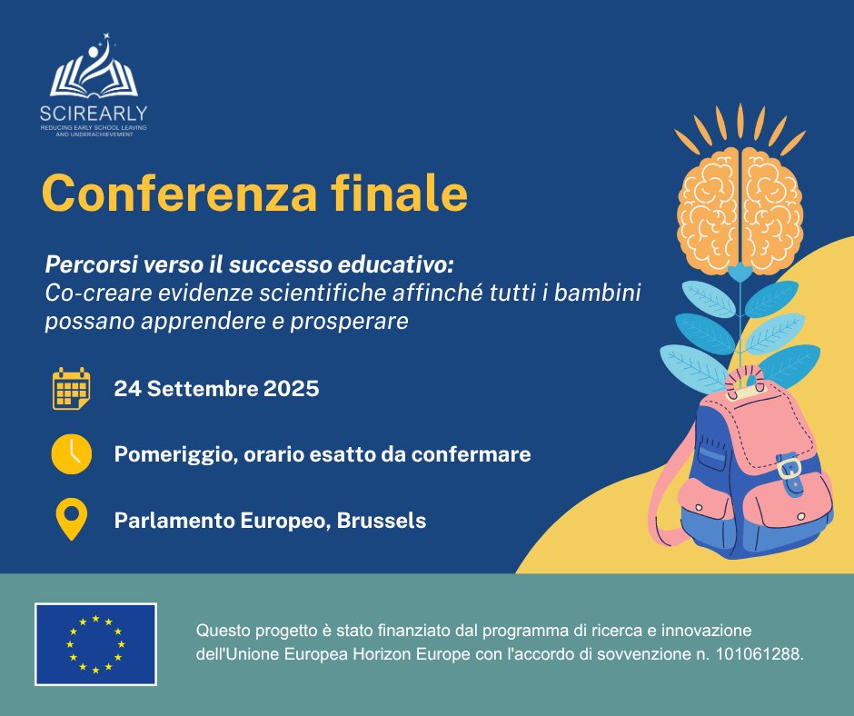 CESIE ETS (@cesie_ets) on Twitter photo Partecipa alla conferenza finale di <a href="/scirearly/">Scirearly Project</a> il 24/09/2025 al Parlamento Europeo. Ricercatori, decisori politici ed esperti discuteranno come migliorare l’educazione grazie alle evidenze scientifiche. Save the date – presto dettagli!
#EarlySchoolLeaving #HorizonEurope #Research Partecipa alla conferenza finale di <a href="/scirearly/">Scirearly Project</a> il 24/09/2025 al Parlamento Europeo. Ricercatori, decisori politici ed esperti discuteranno come migliorare l’educazione grazie alle evidenze scientifiche. Save the date – presto dettagli!
#EarlySchoolLeaving #HorizonEurope #Research