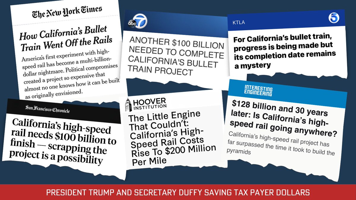 USDOT's tweet image. .@SecDuffy is pulling the plug on the California’s High Speed Rail Boondoggle and saving taxpayers $4 billion!