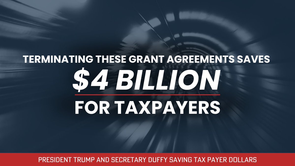 USDOT's tweet image. .@SecDuffy is pulling the plug on the California’s High Speed Rail Boondoggle and saving taxpayers $4 billion!