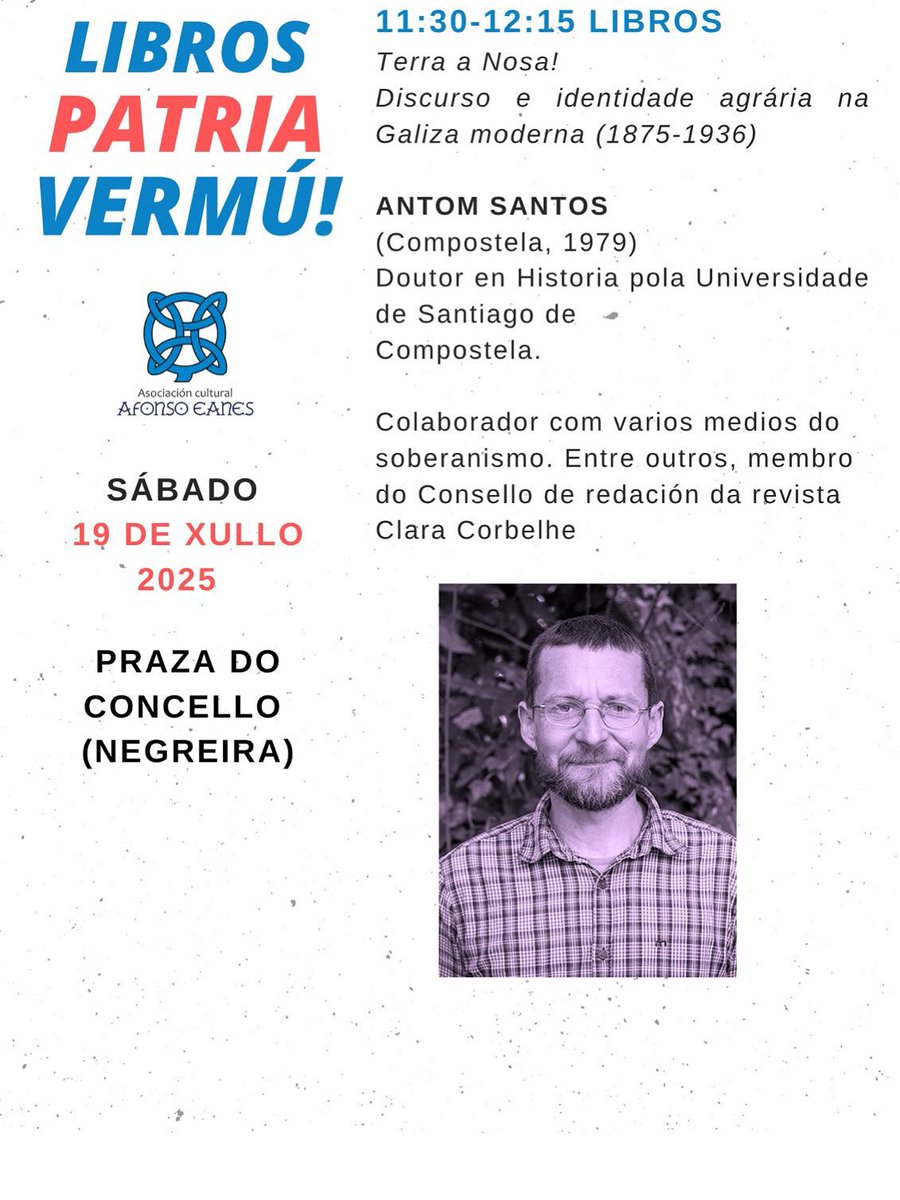 Clara Corbelhe (@claracorbelhe) on Twitter photo Este sábado na sessão Livros Pátria Vermú da associação Afonso Eanes de Negreira, Antom Santos apresentará o seu livro ‘Terra a Nossa: Discurso e identidade agrária na Galiza moderna’💥
Tráta-se do primeiro livro da Coleção Clara Corbelhe de Ensaio Crítico Galego 🧡
<a href="/laiovento/">Edicións Laiovento</a> Este sábado na sessão Livros Pátria Vermú da associação Afonso Eanes de Negreira, Antom Santos apresentará o seu livro ‘Terra a Nossa: Discurso e identidade agrária na Galiza moderna’💥
Tráta-se do primeiro livro da Coleção Clara Corbelhe de Ensaio Crítico Galego 🧡
<a href="/laiovento/">Edicións Laiovento</a>