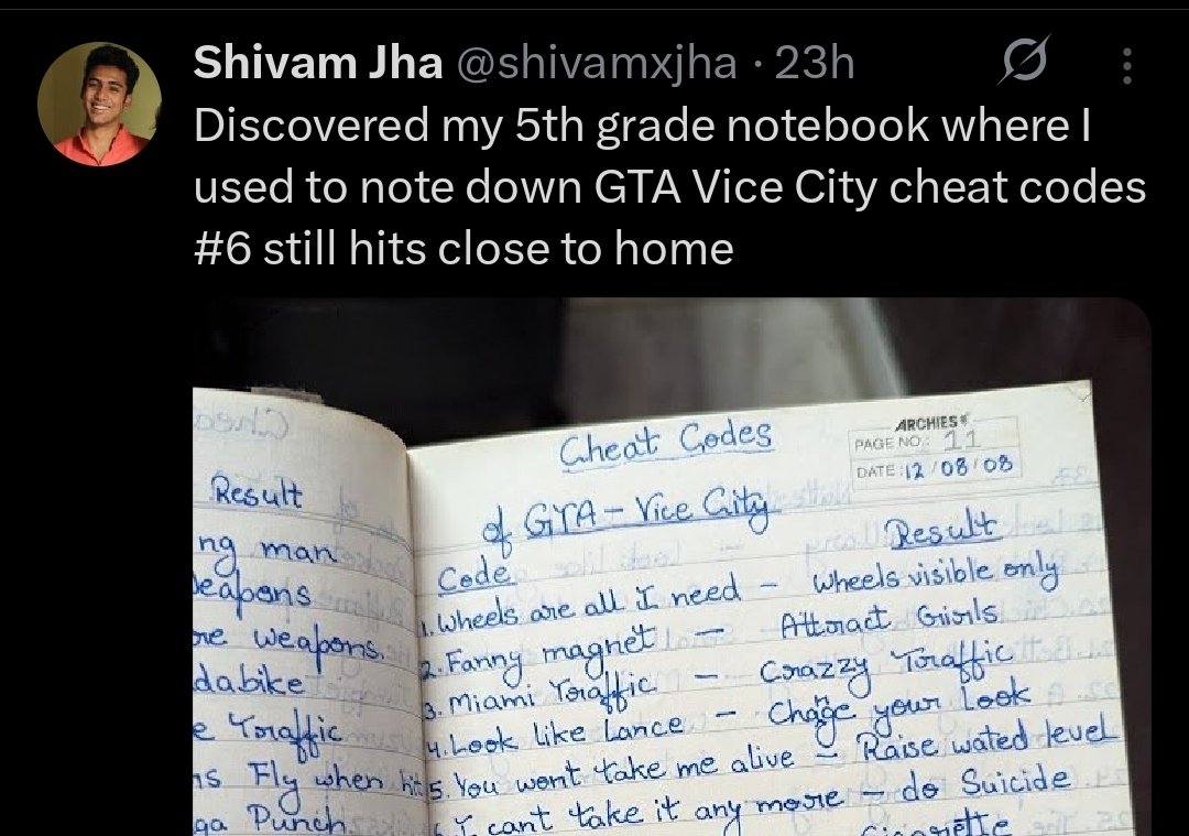 dipankar_ksingh's tweet image. When I was in 6th I did something similar, but made money out of it.
I was little dumb and didn't had internet ... so I asked all my friends, seniors for their cheat code and made a big list by crowd sourcing.
Vice City Cheat List !
a beautiful professional looking theme,…