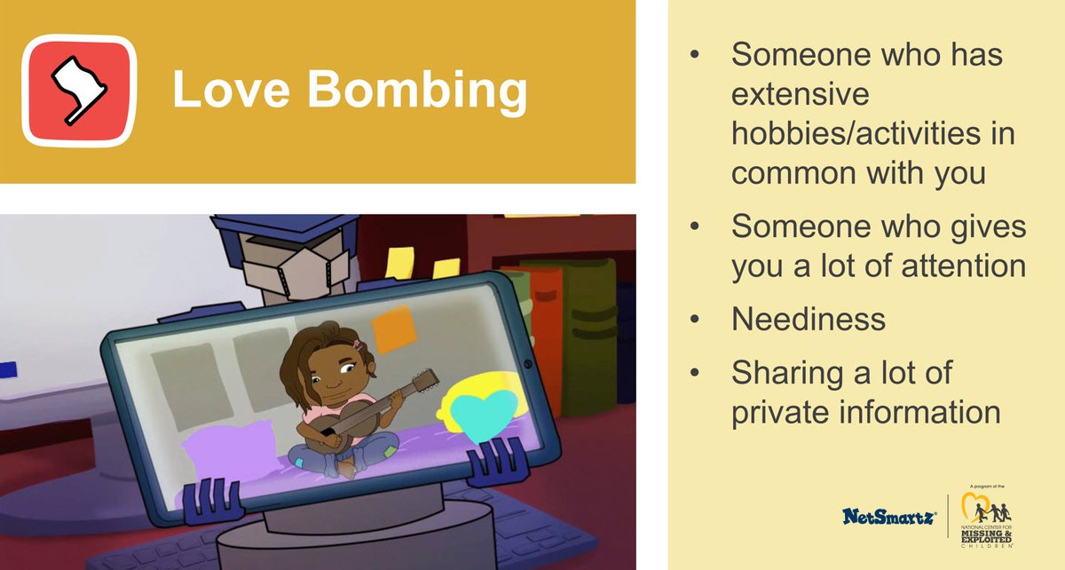 NetSmartz's tweet image. Online deception can look like:
🚩Love bombing—excessive attention too soon
🚩Asking for secrets or private info
🚩Guilt-tripping for slow replies
🚩Pressuring you to meet in secret
Jacob faced these red flags in Into the Cloud: "Gotcha!" WATCH HERE: ncmec.org/netsmartz