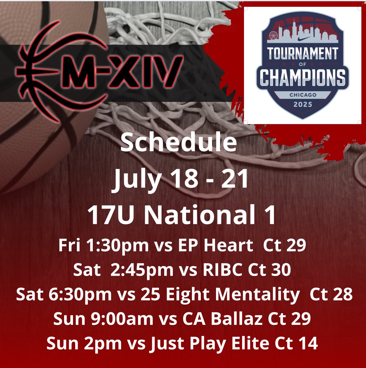Team M-XIV Girls (@m14hoops_girls) on Twitter photo 🔥🔥 Schedule Alert 🔥🔥
✅ 17U National 1 
📸 Nike TOC 
✈️ Chicago, IL
🗓 July 18 - 21
#Repthe14 
<a href="/PGHByron/">Byron Xerxes Livsey</a> 
<a href="/PGHIllinois/">Prep Girls Hoops Illinois</a> 
<a href="/JrAllStar_IL/">Illinois Jr. All-Star GBB</a> 
<a href="/MMBR_CoachGBell/">Major Movez Basketball Review #MMBR</a> 
<a href="/MHS_Girls_/">Midwest Hoops Spotlight</a> 🔥🔥 Schedule Alert 🔥🔥
✅ 17U National 1 
📸 Nike TOC 
✈️ Chicago, IL
🗓 July 18 - 21
#Repthe14 
<a href="/PGHByron/">Byron Xerxes Livsey</a> 
<a href="/PGHIllinois/">Prep Girls Hoops Illinois</a> 
<a href="/JrAllStar_IL/">Illinois Jr. All-Star GBB</a> 
<a href="/MMBR_CoachGBell/">Major Movez Basketball Review #MMBR</a> 
<a href="/MHS_Girls_/">Midwest Hoops Spotlight</a>