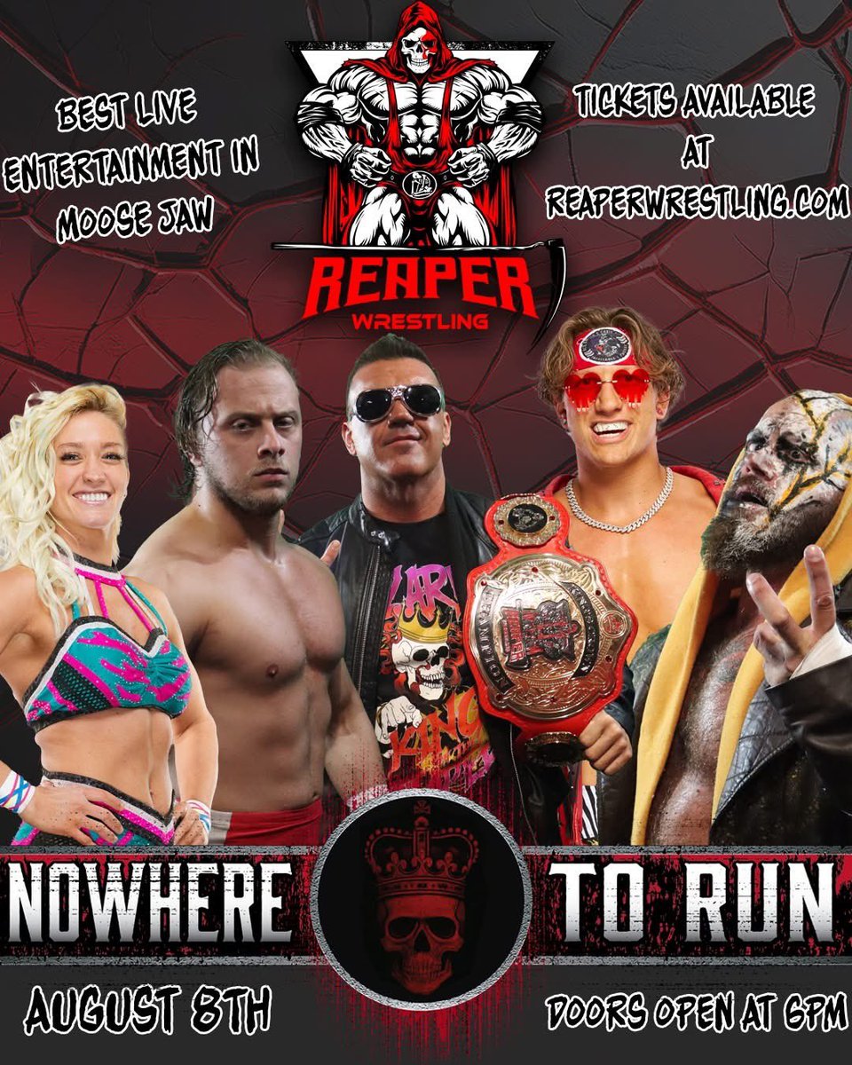 Reaper Wrestling returns on August 8th with Nowhere To Run!

👊 Come see North American TV stars like Tommy Billington, Frankie Kazarian, Ace Austin, and Crazzy Steve, plus the newest addition to our roster – Dani Mo!

🎟️ Tickets available now at ReaperWrestling.com!