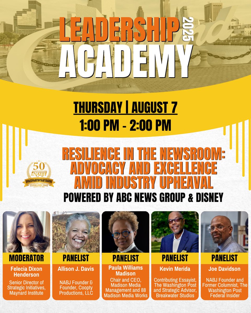 meridak's tweet image. We’ll be talking about leadership, journalism history, @NABJ at 50, and the future of our industry. Who’s coming to Cleveland?