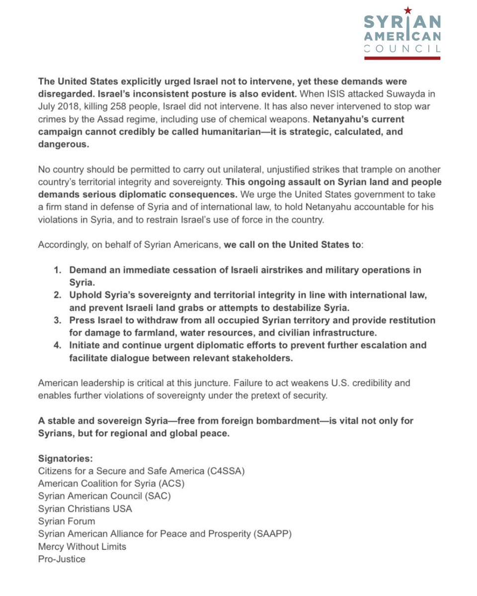 sa_council's tweet image. ‼️NEW STATEMENT‼️
On behalf of the Syrian American community, the undersigned organizations strongly condemn Israel’s recent and intensifying airstrikes on Syrian territory and state institutions. Read our full statement! 👇🏻