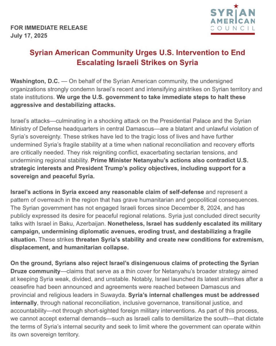 sa_council's tweet image. ‼️NEW STATEMENT‼️
On behalf of the Syrian American community, the undersigned organizations strongly condemn Israel’s recent and intensifying airstrikes on Syrian territory and state institutions. Read our full statement! 👇🏻