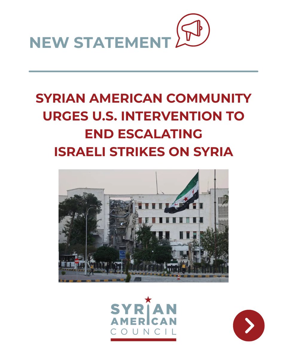 sa_council's tweet image. ‼️NEW STATEMENT‼️
On behalf of the Syrian American community, the undersigned organizations strongly condemn Israel’s recent and intensifying airstrikes on Syrian territory and state institutions. Read our full statement! 👇🏻