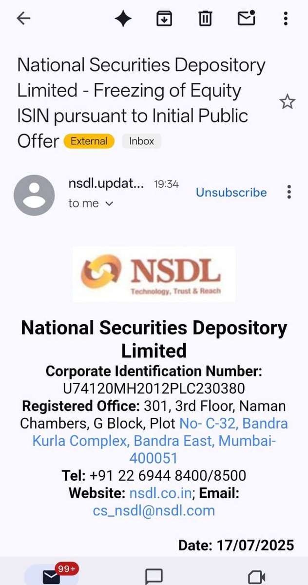 insanegraphic's tweet image. NSDL IPO Soon 🔜
Shareholders have received a e-mail regarding the freezing of the ISIN of equity shares.
IPO Announcement Expected Soon !!