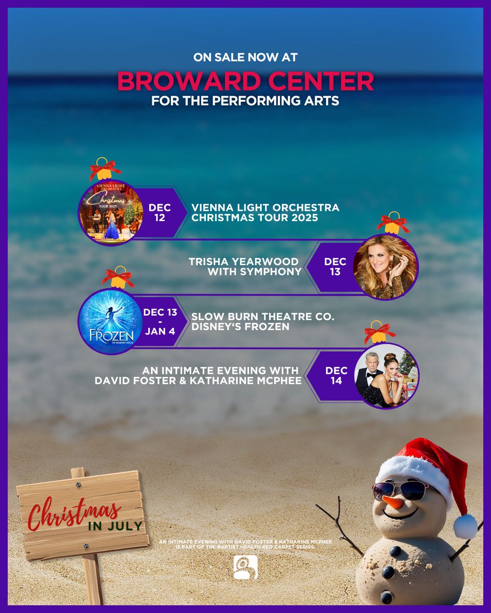 Too soon? Never. ☃️☀️ Experience the magic of the holiday season with Trisha Yearwood, Disney's Frozen, David Foster &amp; Katharine McPhee and the Vienna Light Orchestra coming to our stage this December.

Tickets are on sale now at browardcenter.org✨

#ChristmasInJuly