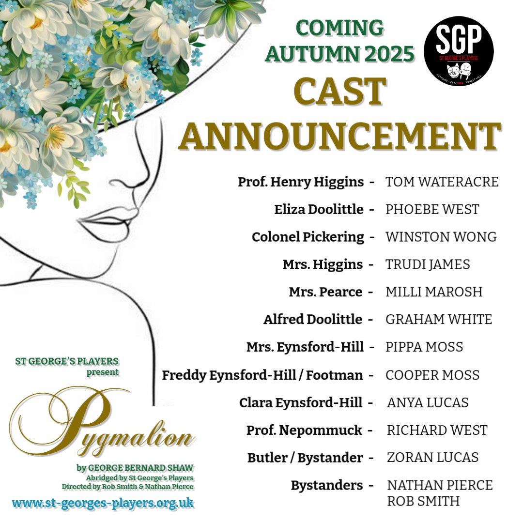 UPDATED CAST ANNOUNCEMENT: PYGMALION coming October. Congrats to all involved 🎭
If you'd like to get involved backstage, contact us
#pygmalion #GeorgeBernardShaw #amdram <a href="/StGs_PerryHill/">St George's, Perry Hill</a> <a href="/BHillvillage/">BlytheHillVillage</a> <a href="/SydenhamSociety/">Sydenham Society</a> <a href="/FHSoc/">Forest Hill Society</a> <a href="/amdramcouk/">The Amateur Theatre Network</a> <a href="/Broc_Soc/">Brockley Society</a> <a href="/theatreonlineuk/">Theatre Online</a> <a href="/DramaGroups/">Drama Groups</a>
