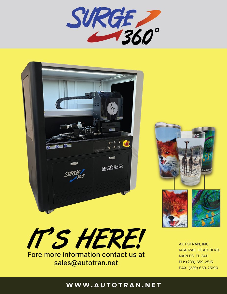 AutoTran, Inc. (@autotranonline) on Twitter photo 🚨 Introducing the Surge 360 🚨
The newest 360 degree inkjet machine to be added to the Surge Series. Economical. Reduced Footprint. The future of #drinkware printing.
Contact us at sales@autotran.net for more information or to schedule a demo. 🚨 Introducing the Surge 360 🚨
The newest 360 degree inkjet machine to be added to the Surge Series. Economical. Reduced Footprint. The future of #drinkware printing.
Contact us at sales@autotran.net for more information or to schedule a demo.