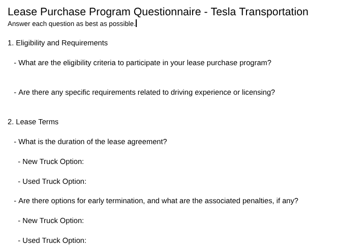 AiHinnovations's tweet photo. #AiHi team, here are screenshots of a simple, valuable questionnaire created in #Magai for Tesla to answer. It eliminates guesswork Tesla and the lease-purchase drivers, aiding informed decisions. This streamlines recruiting and onboarding, saving time and increasing bottomlines. https://t.co/l01Vp2jxwj