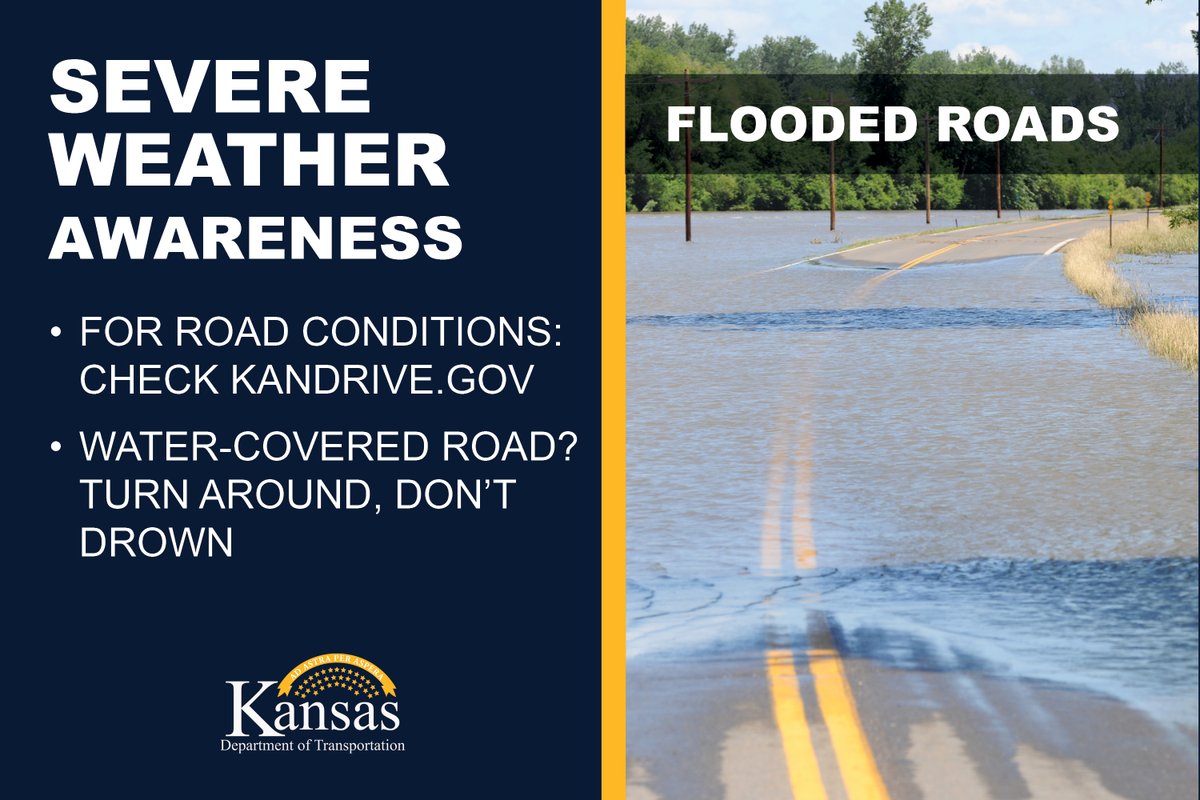 KDOTHQ's tweet image. If you encounter a flooded roadway, don't risk it. #TurnAroundDontDrown you don't know what's below the water's surface and it may put your life at risk. #KSWX
Check kandrive.gov for updated road conditions.