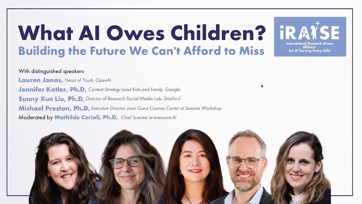 CooneyCenter's tweet image. Recently Executive Director Michael Preston spoke on a panel hosted by the iRAISE alliance. It is inspiring to work with organizations championing a vision for beneficial AI for children. Learn more about iRAISE here: bit.ly/4kC9iyD @ParisPeaceForum #everyoneAI